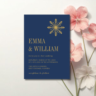 Navy & Gold Minimal Snowflake Calligraphy Wedding Invitation