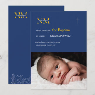 Navy Gold Minimalist Typography Delicate Baptism Invitation