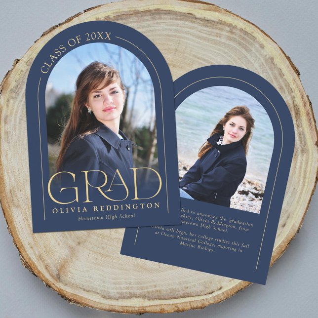 Navy Gold Modern Arch 2 Photo Grad Announcement (Creator Uploaded)