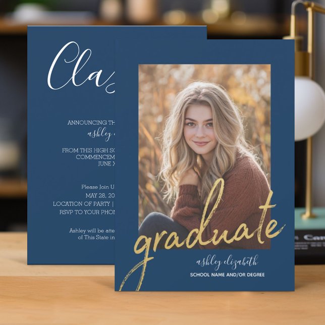 Navy Gold Modern Graduation Photo Announcement (Graduation Invitation - Classic)