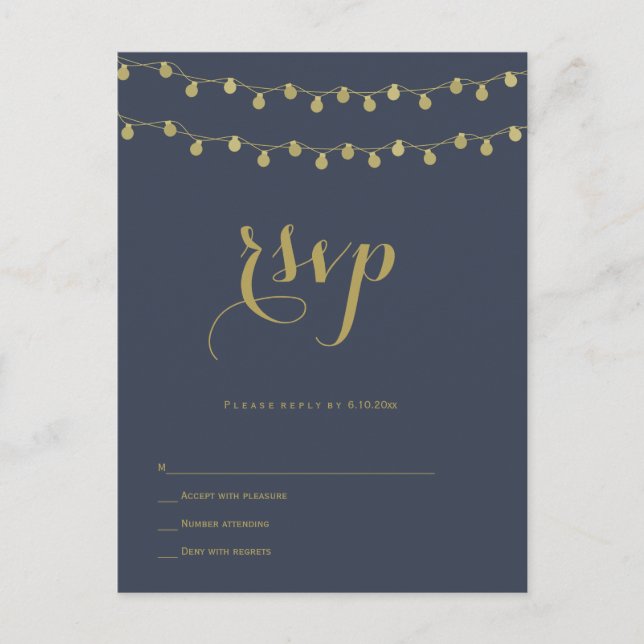 Navy gold modern lights wedding rsvp postcards (Front)