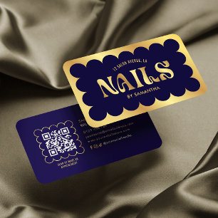 Navy & Gold Modern QR Code Manicure Nails Salon Business Card