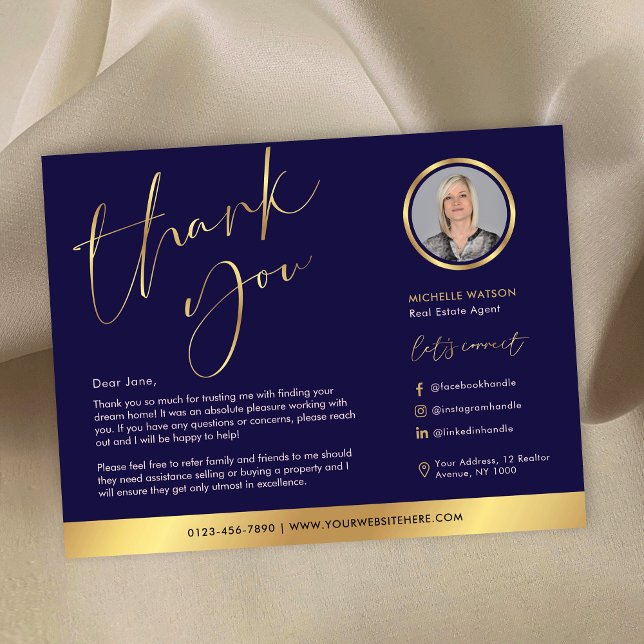 Navy & Gold Modern Real Estate Photo Thank You Card (Navy and gold real estate agent thank you cards with space for your logo, photo and custom text)