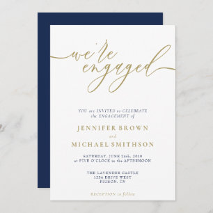 Navy Gold Modern We are Engaged Invitation