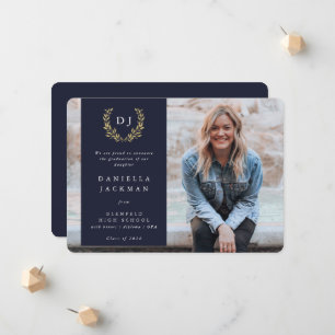 Navy/Gold Monogram Laurel Wreath Graduation Photo Announcement