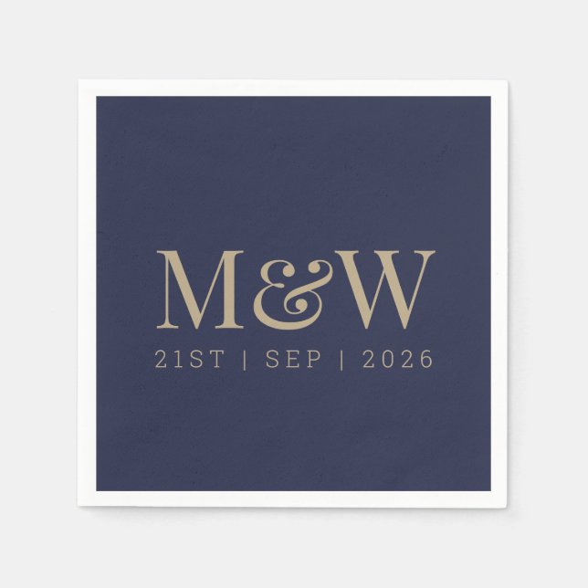 Navy Gold Monogram Modern Blue Wedding Napkin (Front)