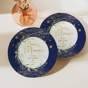 Navy Gold Moon & Stars Greenery Baby Shower Paper Plate