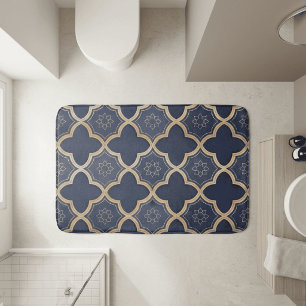 Navy & Gold Moroccan Quatrefoil Geometric Pattern Bath Mat