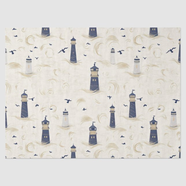 Navy Gold Nautical Lighthouse Coastal Pattern Tissue Paper (Front)