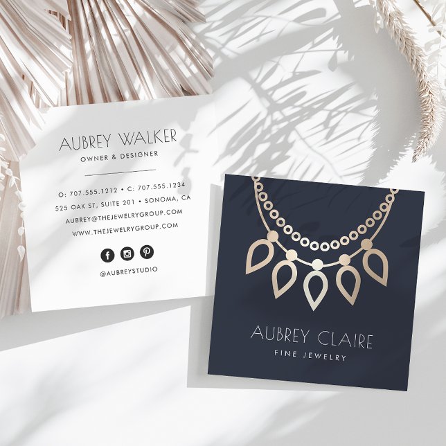Navy & Gold Necklace Jeweller Logo Square Business Card (Creator Uploaded)