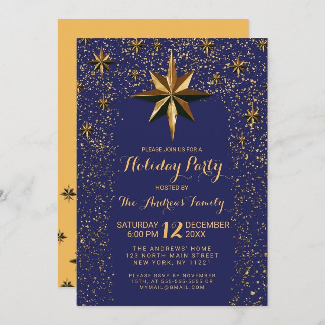 Navy Gold North Star Glitter Confetti Holiday Invitation (Front/Back)