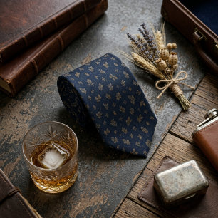 Navy Gold Oak Leaf Acorn Sprig Tie