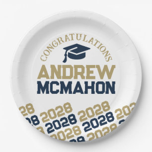 Navy & Gold on White Half Repeat Grad Personalised Paper Plate