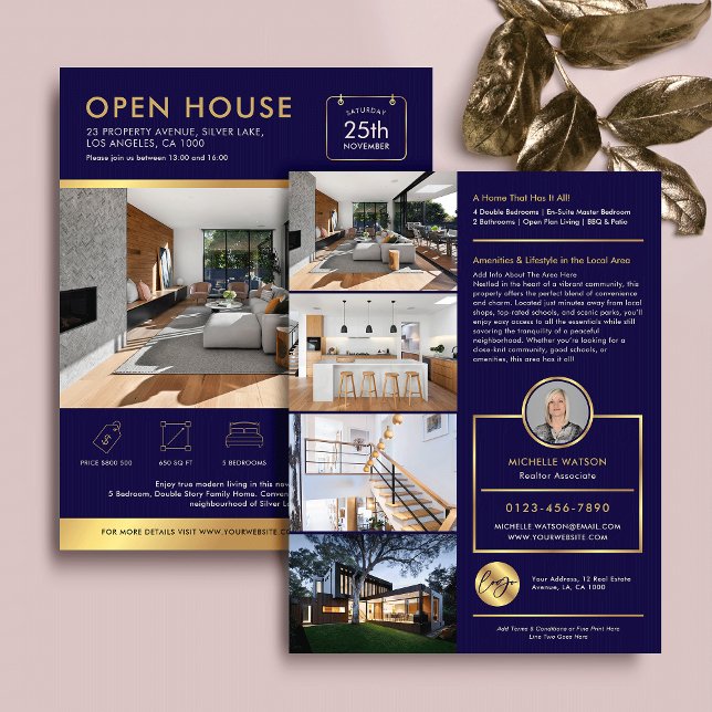 Navy & Gold Open House For Sale Flyer With Photos (Elegant navy blue and gold effect open house marketing flyer with photos and custom text)