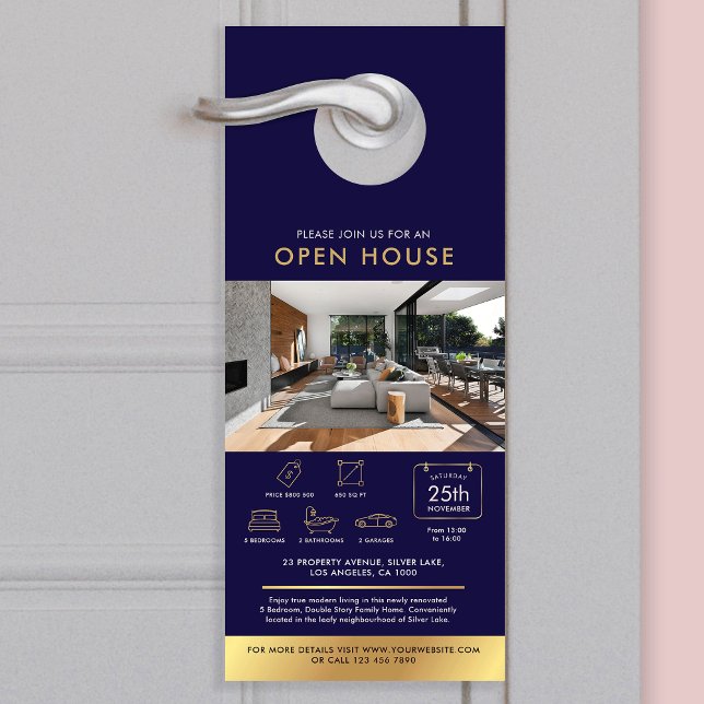 Navy & Gold Open House Invitation House For Sale Door Hanger (Navy and gold real estate house for sale marketing door hanger with photos and custom text)