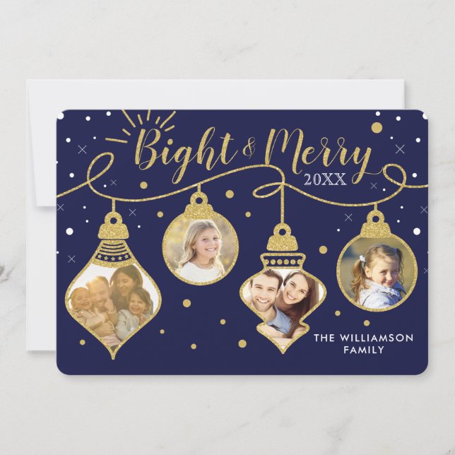 Navy & Gold Ornaments | Merry Holiday Photo Card (Front)