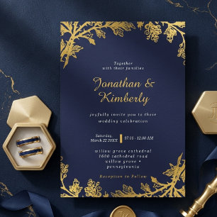 Navy Gold Ornate Corner Flourish Elegant Wedding Invitation