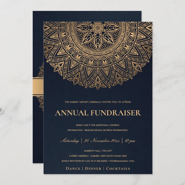 NAVY GOLD ORNATE MANDALA CORPORATE PARTY EVENT INVITATION (Front/Back)