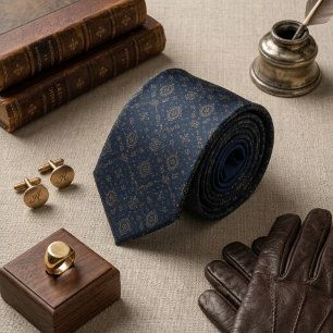Navy Gold Ornate Medallion Foulard Tie