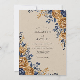 Navy Gold Ornate Rustic Wedding Invitation
