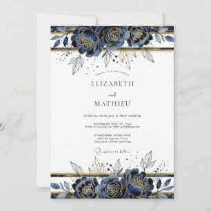 Navy Gold Ornate Winter Wedding Invitation
