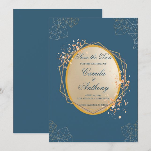 Navy Gold Oval Floral Boho Save The Date Invitation (Front/Back)