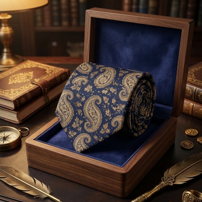 Navy Gold Paisley Classic Baroque Pattern Tie (Creator Uploaded)