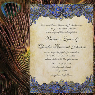 Navy & Gold Paisly Peacock Wedding Invitation