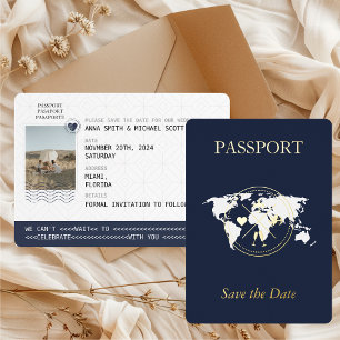 Navy Gold Passport Destination Photo Save the Date