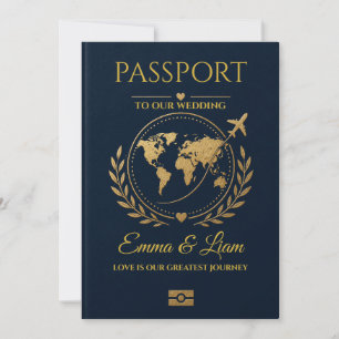 Navy Gold Passport Destination Wedding Invitation