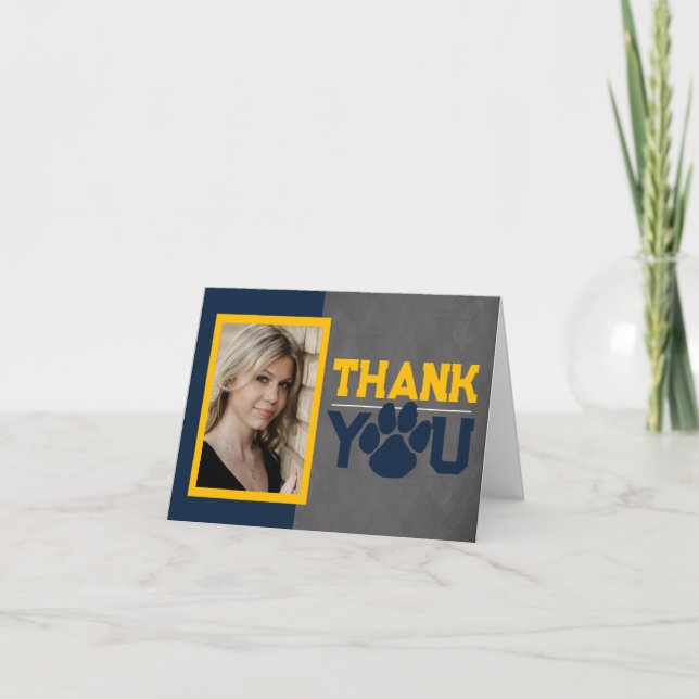 Navy & Gold Paw Print Graduation Folding 2 Photo Thank You Card (Front)