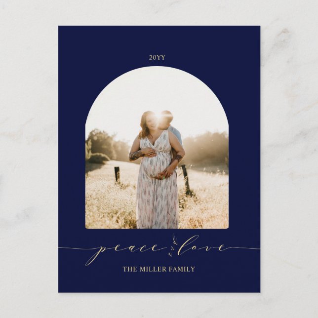 Navy & Gold | Peace and Love Christmas Photo Holiday Postcard (Front)