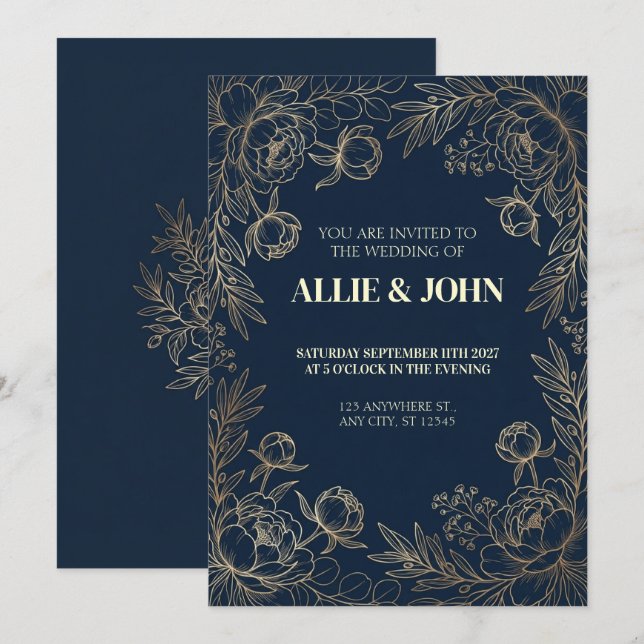 Navy Gold Peony Border Wedding Invitation (Front/Back)