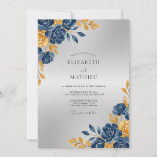 Navy Gold Peony Wedding Invitation