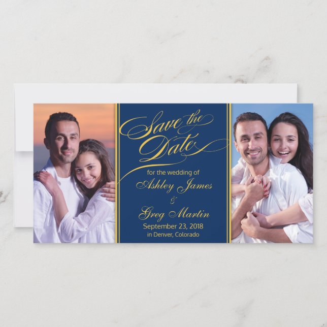 Navy Gold Photo Collage Wedding Save the Date (Front)