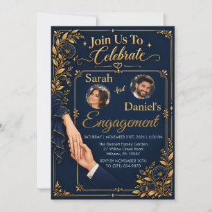 Navy Gold Photo Engagement Invitation