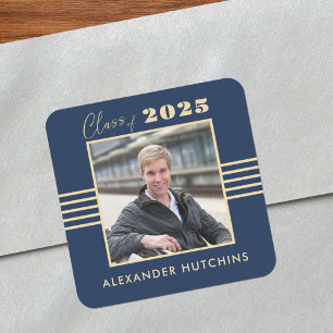 Navy Gold Photo Frame 2025 Graduate Square Sticker