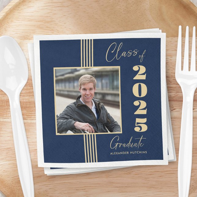 Navy Gold Photo Frame 2025 Graduation Napkin (Creator Uploaded)