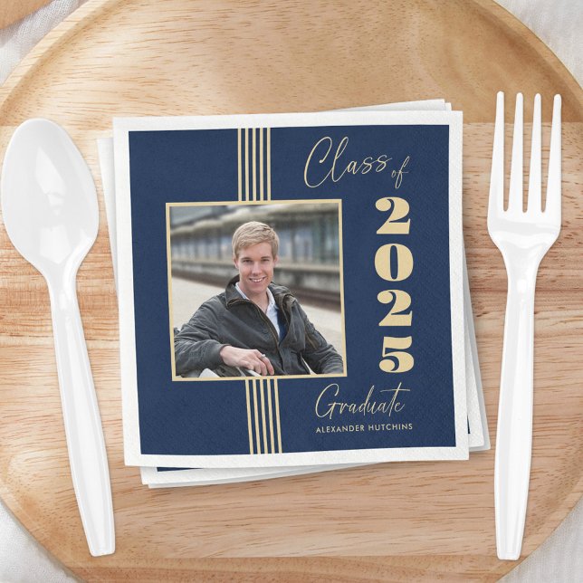 Navy Gold Photo Frame 2025 Graduation Napkin (Creator Uploaded)