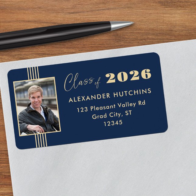 Navy Gold Photo Frame 2026 Grad Address Label (Creator Uploaded)