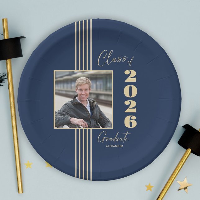 Navy Gold Photo Frame Class of 2025 Graduation Paper Plate (Creator Uploaded)