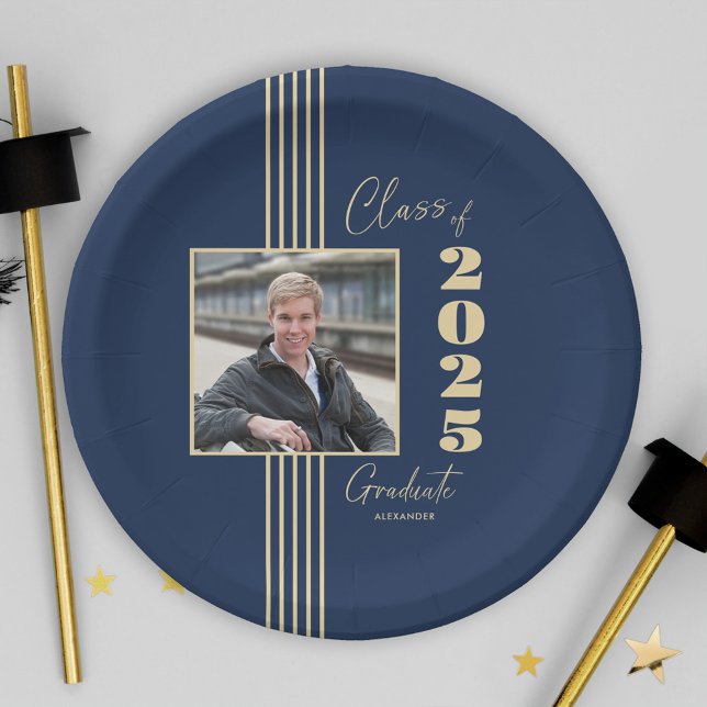 Navy Gold Photo Frame Class of 2025 Graduation Paper Plate (Creator Uploaded)