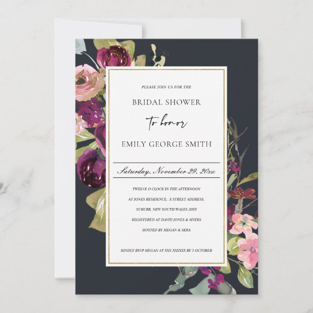 NAVY GOLD PINK RED ROSE FLORA BRIDAL SHOWER INVITE (Front)