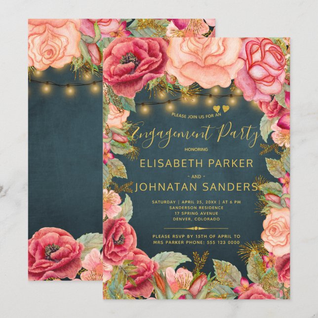 Navy gold pink roses lights engagement party invitation (Front/Back)