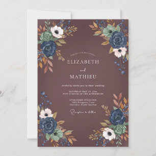 Navy Gold Plum Floral Wedding Invitation