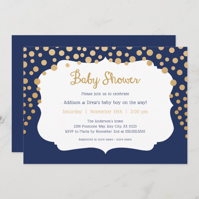 Navy gold polka dot boy baby shower invitations (Front/Back)