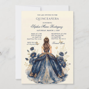 Navy Gold Princess Floral Tiara Quinceañera Invitation
