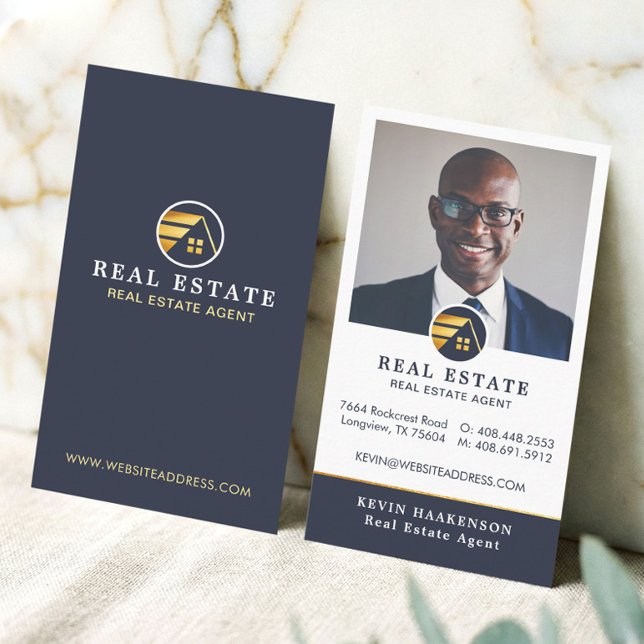 Navy Gold Professional Real Estate Broker Photo Business Card (Navy Gold Professional Real Estate Broker Photo Business Card)