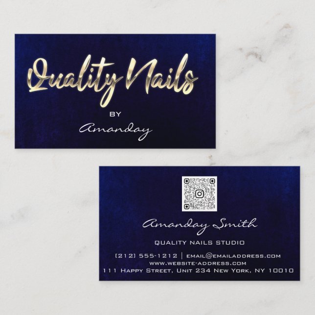 Navy Gold Quality Nail Script QR Code Logo   Business Card (Front/Back)