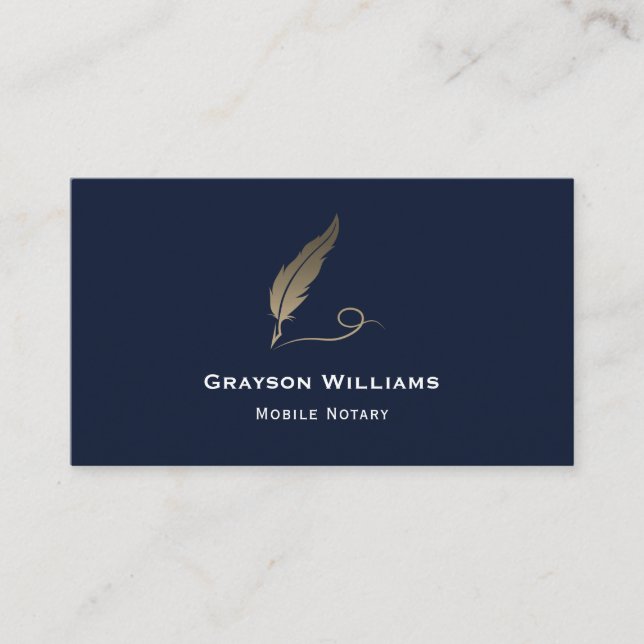 Navy Gold Quill QR Code Mobile Notary  Business Card (Front)